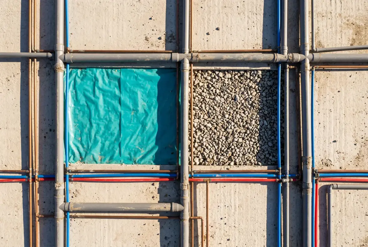 Pipework laid out on a concrete slab from directly above: grey, copper, blue and red runs dividing the slab, with a block of teal polythene and one of gravel